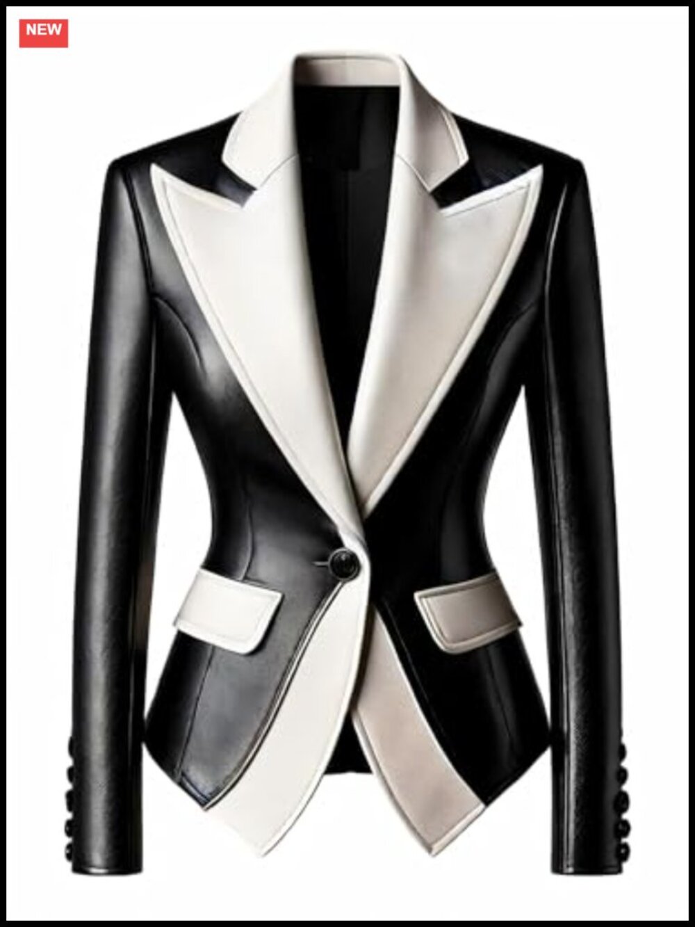 Faux Leather Blazer with Matching Skirt Suit Set, Notched Lapel, Single Button,